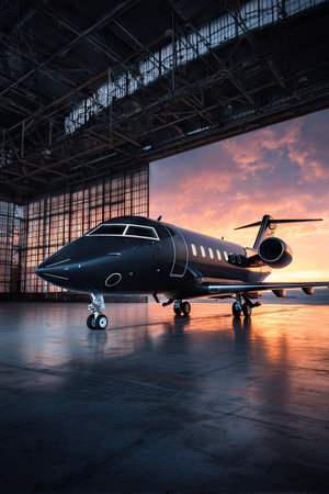 A sleek black private jet sits inside a large hangar, illuminated by the warm glow of a sunset. The composition highlights the aircraft's design against the industrial backdrop. The image utilizes dramatic lighting and a low-angle perspective. Suitable for commercial projects or editorial content.の素材