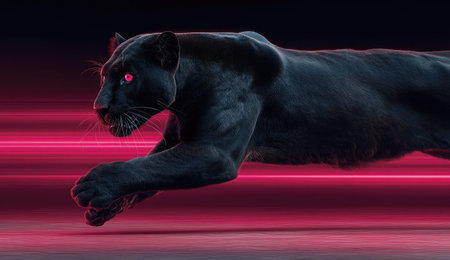 A sleek black panther is depicted in full flight, showcasing speed and agility. The image highlights the animal's dark fur, striking eyes, and muscular build. The panther is set against a dynamic pink backdrop, creating a sense of movement. Suitable for advertising and editorial use.の素材