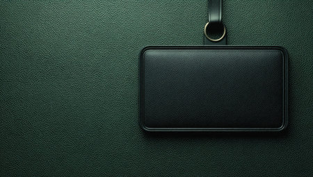 A close-up view presents a black, rectangular tag with a subtle leather-like texture. It hangs from a matching loop attached to a dark, textured green background. The lighting is soft and even, highlighting the tag's smooth surface. This image could be used for various design, advertising, and marketing applications.の素材