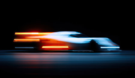 A dynamic image showcases a blurred, futuristic-looking vehicle against a dark backdrop. The design incorporates smooth, white and light blue surfaces with vibrant orange and yellow streaks, suggesting speed. The composition utilizes a low angle and long exposure effect. Suitable for various design projects and editorial uses.の素材