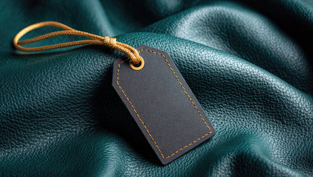 A close-up shot features a blank black tag with a string against a teal leather texture. The tag is the focal point, with a golden string loop. The background shows textured leather. Suitable for advertising, design, and marketing concepts. The image can be used in various commercial projects.の素材