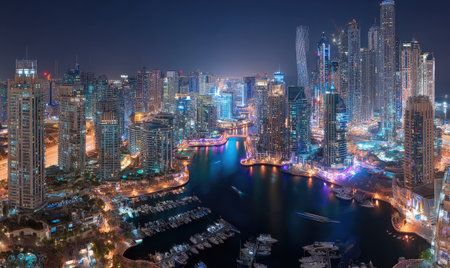 An expansive cityscape comes alive at night, featuring a dense cluster of illuminated skyscrapers. The visual composition highlights a vibrant display of lights against a dark sky. The scene potentially portrays a commercial district, ideal for various editorial and promotional applications.の素材