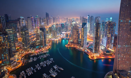 This image showcases a modern cityscape at dusk, highlighting numerous illuminated high-rise buildings. The composition features a vibrant color palette, with lights reflecting on the water below. It could be used for architectural concepts, urban development projects, or general editorial content.の素材