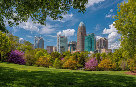 A panoramic view showcases a modern city skyline against a bright blue sky dotted with clouds. The image captures the scene from a verdant park, with lush green grass and colorful foliage. The photograph's style suggests editorial or commercial potential, with a focus on natural light and visual appeal.の素材