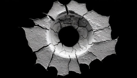 This close-up image showcases a bullet hole surrounded by fractured white material. The composition features a high-contrast aesthetic with strong shadows. The visual emphasizes texture and detail. Suitable for conceptual illustrations or designs, this image could be used in various commercial and editorial contexts.の素材