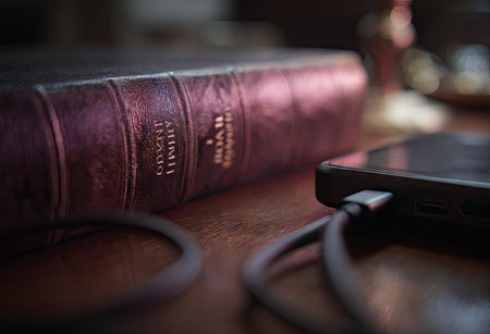 A close-up captures a book and a smartphone connected with a cable on a wooden table. The book shows a dark red cover. The image displays a shallow depth of field, with soft focus on the background. Suitable for illustrating ideas related to technology and literature. Potential for commercial and editorial purposes.の素材