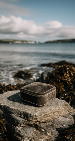A close-up captures a dark leather box atop a rough-hewn rock, set against the backdrop of a blurred seascape. The image utilizes natural lighting, highlighting textures and colors. This composition could be suitable for various commercial purposes, potentially for product showcasing or lifestyle concepts. The soft focus lends a sense of depth.の素材