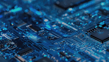 This image presents a detailed view of a blue circuit board populated with integrated circuits. The composition showcases a complex arrangement of components and wiring. The lighting highlights the textures and shapes, suggesting a modern technological environment. Suitable for illustrations related to technology, data, or electronic design.の素材