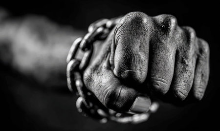 A grayscale image presents a clenched fist entwined with a metal chain. The high-contrast composition emphasizes textures and details. The lighting creates strong shadows. Potential uses include editorial illustrations or representations of strength and struggle. This visual evokes themes of power and constraint.の素材