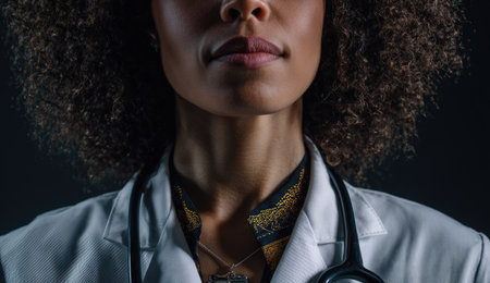 A close-up captures a medical professional in a lab coat and stethoscope. The image showcases the subject's face, curly hair, and the details of the uniform against a dark background. It conveys a sense of expertise and care, suitable for medical publications and healthcare-related advertising.の素材