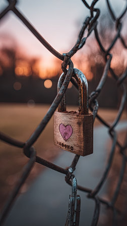 An aged padlock with a heart symbol is secured to a weathered chain link fence in this image. The padlock exhibits a rustic texture with visible wear. The background shows a soft-focus environment. The image is suitable for concepts like protection and love. Potential uses include editorial and commercial projects.の素材