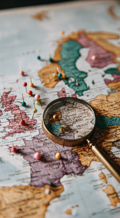 A detailed map with colorful pins is viewed under a magnifying glass, revealing intricate details. The overhead shot showcases a vintage aesthetic, with warm tones and selective focus. The image suggests exploration, travel planning, or research, suitable for educational or commercial applications.の素材