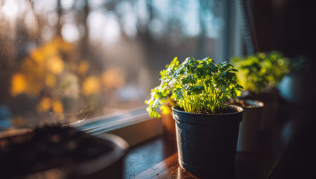 A close-up captures a potted green plant near a window. The image displays bright foliage against a blurred background, suggesting an indoor setting. Warm sunlight illuminates the scene, enhancing the natural tones. This image could be used for various commercial or editorial purposes related to nature and lifestyle.の素材