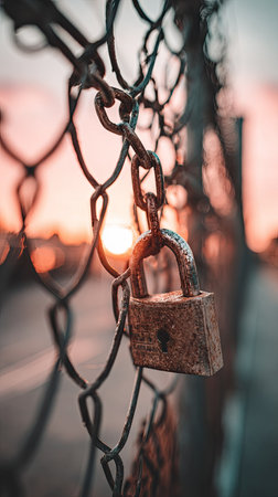 A close-up shot features a weathered padlock and chain attached to a metal fence. The image displays a shallow depth of field, focusing on the lock, with the fence and a blurred sunset in the background. Colors include warm tones of orange and brown, and it could be used for themes of security and freedom.の素材