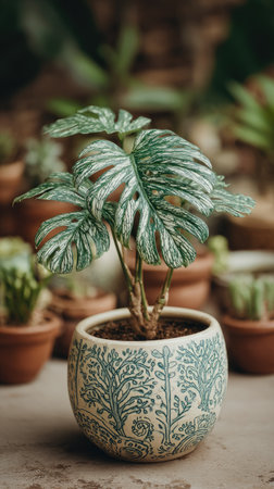 A detailed image displays a potted plant with distinctive foliage set in a decorative ceramic container. The plant exhibits textured, variegated leaves with a light green and white pattern. The background suggests a collection of similar plants and pots, employing soft focus. The composition may be suitable for botanical illustrations or gardening content.の素材