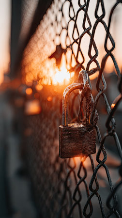 A close-up captures a padlock securing a chain-link fence, set against a blurred, golden sunset. The metallic textures of the lock and fence contrast with the warm, diffused light. This image could be suitable for visual communication or conceptual themes, finding use in various commercial contexts.の素材