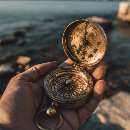 A hand holds an open antique compass, showcasing its intricate internal mechanism. The aged brass instrument is positioned near a body of water with rocks. Soft, natural lighting bathes the scene. This image could be used for illustrations related to travel, exploration, or navigational concepts.の素材