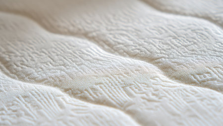 This image showcases a close-up of a white quilted fabric. The textured surface displays a pattern of raised, flowing lines. The lighting highlights the subtle variations and creates shadows, emphasizing the pattern. This versatile textile background may be suitable for various design projects and commercial applications.の素材
