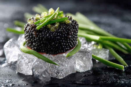 A close-up captures a serving of caviar atop ice cubes, garnished with green chives. The composition uses dark tones with hints of reflective light, suggesting a luxury setting. This image could be used for culinary presentations, gourmet advertising, or editorial content.の素材