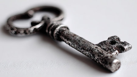 An aged metal key rests on a bright white surface in this close-up photograph. The key shows detailed textures with visible wear, suggesting age. The lighting is soft, emphasizing the key's shape and metallic appearance. Suitable for illustrating concepts of history, security, or access, it can be used for various commercial projects.の素材