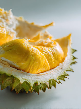 The image features a close-up view of a partially opened durian fruit. Its bright yellow, fleshy segments are prominently displayed against a spiky, green outer shell. The composition emphasizes texture and detail, highlighting the fruit's unique appearance. This image could be used for various commercial or editorial purposes related to food or health.の素材