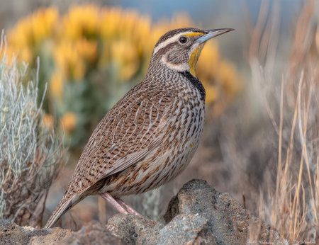 A detailed image features a Western Meadowlark, showcasing its distinctive plumage. The bird stands atop a rock, set against a blurred background of yellow foliage. The composition uses natural light. Suitable for use in editorial content or commercial projects, the image highlights wildlife and natural environments.の素材