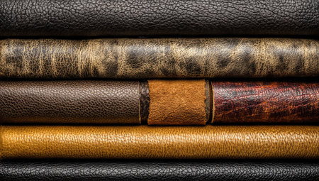This image showcases a close-up of different leather textures. Various colors of brown, black, and tan are visible, with unique patterns and imperfections adding visual interest. The composition, likely taken indoors, provides a tactile sense, suitable for commercial projects, designs, and visual content. It would be appropriate for a variety of applications.の素材