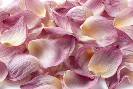 This image showcases a close-up view of numerous flower petals. The petals display a blend of soft pink and creamy hues, with visible textures. The composition appears natural, possibly lit by ambient lighting. Suitable for various applications like design projects, background elements, and editorial uses.の素材