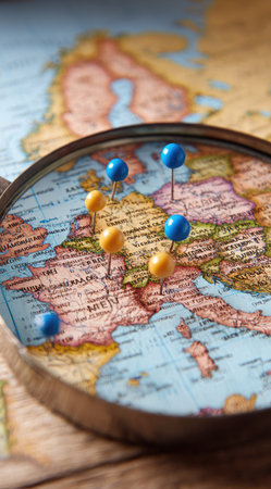 A detailed map of Europe is viewed through a magnifying glass, showing a variety of colored push pins marking locations. The composition emphasizes exploration and travel. The lighting is soft and natural, with a shallow depth of field. Suitable for illustrating travel planning or geographical concepts, it is suitable for various editorial and commercial applications.の素材