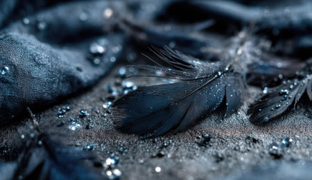 This macro photograph showcases several dark feathers resting on a rough, textured background. Silvery particles are scattered across the surface, adding a subtle sparkle. The image is composed with a shallow depth of field, emphasizing the intricate details. Suitable for use in design projects or editorial content needing a touch of elegance.の素材