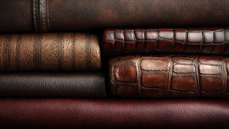 This image showcases a collection of different leather textures. The composition highlights various patterns and colors including browns and reds, with visible grains and textures. The lighting provides depth and detail to the materials. Suitable for commercial applications such as design resources and marketing materials.の素材