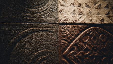 An overhead shot presents four sections of carved stone. The textures vary, with detailed patterns and designs. Earthy tones and strong shadows create a dramatic effect. This image could be used for architectural or historical illustrations. It would also be suitable for design and artistic projects.の素材