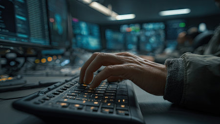 A close-up view presents a hand typing on a keyboard. The scene features a dimly lit interior with monitors displaying data, implying a technological or security context. Cool blue tones dominate the scene, suggesting a modern or futuristic environment. This image is suitable for illustrating themes related to technology, data analysis, or cybersecurity.の素材
