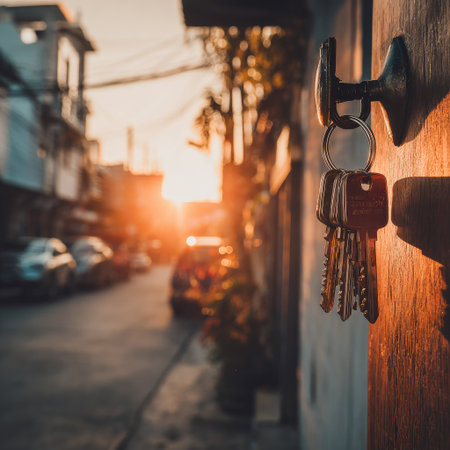 A close-up view displays a key ring hanging on a door handle. The composition features a shallow depth of field, with the keys in sharp focus and the street in the background blurred. The scene is illuminated by warm sunlight, suggesting a late afternoon setting, ideal for various commercial and illustrative projects.の素材