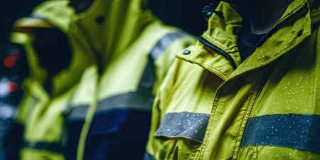 This image presents a close-up perspective of multiple safety jackets, characterized by their bright yellow color and reflective stripes. The composition emphasizes texture, with the fabric details clearly visible. The lighting is focused, possibly indoors, suitable for commercial or editorial applications focusing on workplace safety, construction, or environmental protection.の素材