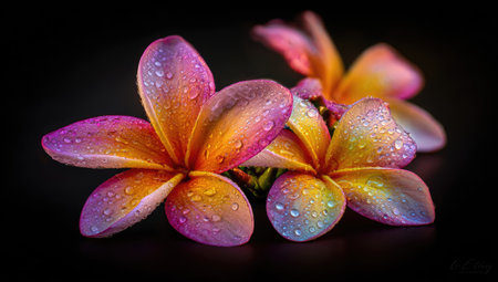 Three plumeria flowers are captured in a close-up shot, showcasing a gradient of colors from pink to yellow. Tiny water droplets adorn the petals, adding texture and sparkle. The flowers are set against a dark background, creating a high contrast composition. Ideal for various commercial and editorial projects.の素材