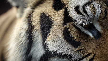 This close-up image reveals the intricate patterns and textures of tiger fur. The composition highlights the animal's black stripes against a backdrop of tan and white fur. It may be suitable for use in educational materials, wildlife publications, or creative projects. The lighting appears soft and natural.の素材