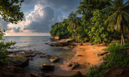 A scenic coastal view features a sandy beach bordered by rocks and lush green trees, including palm trees. The composition highlights the ocean and sky filled with fluffy clouds. Warm sunlight creates a bright ambiance. This image is suitable for various commercial uses, such as travel and nature-themed projects.の素材