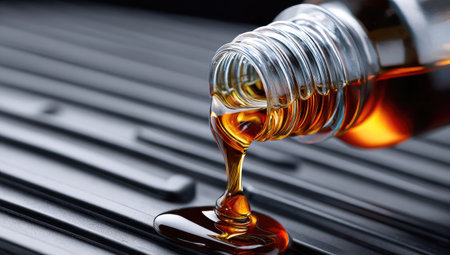 This close-up image showcases syrup being poured from a glass bottle onto a dark, textured surface. The syrup is a rich amber color, creating a visually appealing contrast. The composition highlights the flow and texture of the liquid. The image is suitable for various commercial uses, including advertising and editorial content.の素材