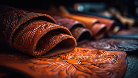 This image showcases intricately tooled leather, displaying floral and geometric patterns. The warm tones of brown and red create a visually appealing texture. The composition emphasizes depth, with an inviting tactile quality. This versatile image could be used for various commercial projects related to craftsmanship and design.の素材