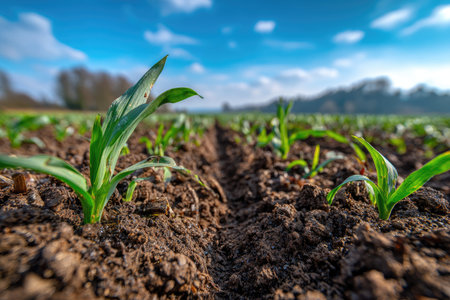This image presents a close-up perspective of young green plants emerging from the dark, textured soil. The composition showcases detailed textures and a low-angle view. A bright blue sky with scattered clouds forms the background. The visual is suitable for various commercial purposes, including illustrating growth or agricultural themes.の素材