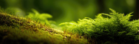 A close-up captures lush green moss and fern-like plants. The image showcases soft textures and varying shades of green, with a shallow depth of field. The sunlight creates a natural, organic feel suggesting an outdoor environment. This visual is suitable for nature-themed projects and editorial content.の素材