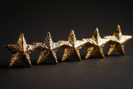 Five golden stars are displayed against a dark backdrop. The composition features a shallow depth of field, highlighting the textured surfaces of the stars. The lighting creates subtle highlights and shadows, giving the objects a three-dimensional appearance. This image is suitable for various commercial purposes, including website design and promotional materials.の素材