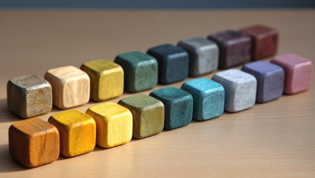 A collection of vibrantly colored wooden cubes is arranged in a row, displayed against a neutral background. The cubes exhibit variations in hue and texture, offering a tactile and visual appeal. The composition is lit with soft lighting, highlighting their forms. This image is suitable for educational materials or design projects.の素材