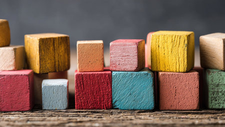 An assortment of painted wooden blocks are arranged on a textured surface. The blocks showcase varied colors, with evident wood grain. The lighting appears diffused, possibly indoors, with a shallow depth of field. This image is suitable for educational materials or creative design projects, offering versatile visual appeal.の素材