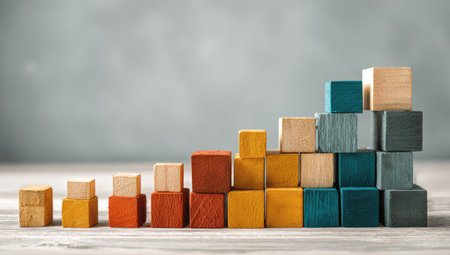 The image features wooden blocks of various colors, meticulously arranged to form a staircase. The blocks exhibit a natural wood grain texture and diverse hues. The composition is well-lit, providing a clean visual representation with a neutral backdrop. It may be used to illustrate concepts related to business, education or design.の素材