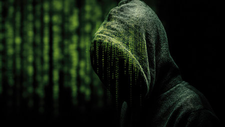 An individual wearing a hooded sweatshirt is silhouetted against a cascading stream of digital data. The scene features a dark ambiance with selective lighting emphasizing the figure. The overall composition evokes mystery. Suitable for conceptual illustrations, digital advertising, or editorial uses concerning technology.の素材