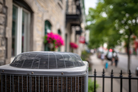An air conditioning unit sits in the foreground, with a blurred street and buildings in the background. The scene features natural lighting and a shallow depth of field, emphasizing the unit. Colors include gray and green with a brick facade. Suitable for depicting climate control or environmental themes.の素材