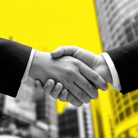 Two hands clasped together in a handshake are captured in a close-up shot, offering a strong visual of collaboration. The image presents a black and white theme with a yellow background. The composition features high contrast and highlights business, agreement, and partnership, potentially suited for commercial and promotional materials.の素材