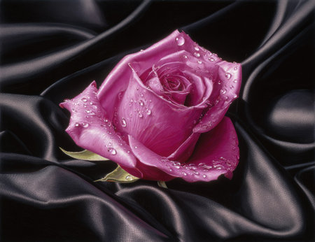 A vibrant pink rose, covered with glistening water droplets, rests on a dark, flowing satin fabric. The composition utilizes a shallow depth of field, emphasizing the rose's intricate details. The lighting creates highlights and shadows on the petals, suggesting an indoor setting. Suitable for various editorial and commercial applications.の素材